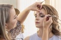 Makeup artist puts make up on girl model. wedding makeup, evening makeup, natural makeup