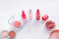 Makeup background with rounge, powder and tools on white table copy space Royalty Free Stock Photo