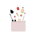 Makeup bag with beauty products. Makeup case with basic makeup. Vector illustration, flat design Royalty Free Stock Photo