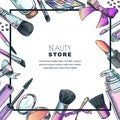 Makeup banner, poster or label design template.Sketch illustration of facial cosmetic. Beauty shop background