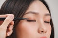 Makeup beauty with brush eye liner on pretty woman face Royalty Free Stock Photo