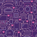 Makeup beauty care purple pink seamless pattern with flat line icons. Cosmetics illustrations of lipstick, mascara Royalty Free Stock Photo