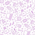 Makeup beauty care purple seamless pattern with flat line icons. Cosmetics illustrations of lipstick, mascara, perfume Royalty Free Stock Photo