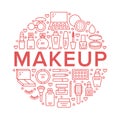 Makeup beauty care red circle poster concept line icons. Cosmetics illustrations of lipstick, mascara, powder