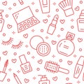 Makeup beauty care red seamless pattern with flat line icons. Cosmetics illustrations of lipstick, mascara, perfume