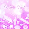 Makeup beauty collection purple blurred background of makeup cosmetics and accessories, vector illustration.