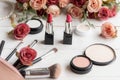 Makeup beauty cosmetic fashion set background. Cosmetics woman bag product facial, lipstick and items decorative composition flat Royalty Free Stock Photo