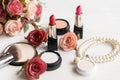 Makeup beauty cosmetic fashion set background. Cosmetics woman bag product facial, Royalty Free Stock Photo