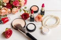 Makeup beauty cosmetic fashion set background. Cosmetics woman bag product facial, Royalty Free Stock Photo