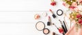 Makeup beauty cosmetic fashion set background. Cosmetics woman bag product facial, lipstick and items Royalty Free Stock Photo