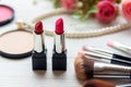 Makeup beauty cosmetic fashion set background. Cosmetics woman bag Royalty Free Stock Photo