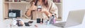 Makeup Beauty fashion blogger recording video presenting makeup cosmetics at home influencer on social media concept Royalty Free Stock Photo