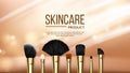 Makeup Brush Banner Vector. Cosmetic Background. Eye Beauty. Professional Object. Professional Woman Facial Equipment