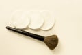 Makeup brush and clean sponges on white background. Instruments of fashion beautician or home cosmetics applying