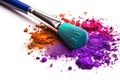 Makeup brush and colorful cosmetic powder on white background. Ai generative Royalty Free Stock Photo