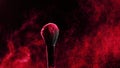 Makeup brush with an explosion of red powder on a black background. Royalty Free Stock Photo