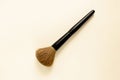 Makeup brush with fluffy bristles on white background. Instrument of fashion beautician or home cosmetics applying