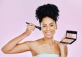 Makeup brush, foundation and studio portrait of happy woman with tools, beauty product or cosmetics palette choice