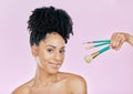 Makeup brush, happy and studio portrait of woman with tools for skincare shine, foundation application or wellness Royalty Free Stock Photo
