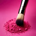 Makeup brush on pink make up powder, cosmetic facial rouge blusher Royalty Free Stock Photo