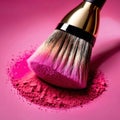 Makeup brush on pink make up powder, cosmetic facial rouge blusher Royalty Free Stock Photo