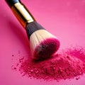 Makeup brush on pink make up powder, cosmetic facial rouge blusher Royalty Free Stock Photo