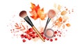 Autumn Makeup Beauty Watercolor Brushes, Leaves, and Berries Royalty Free Stock Photo