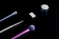 Makeup brushes on black background. Cosmetics, fashion, beauty, glamour. Accessories for make-up artist. Eye shadow, concealer, Royalty Free Stock Photo
