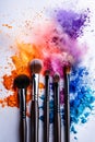 Makeup brushes with colorful powder on white background. Generative AI Royalty Free Stock Photo