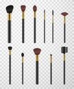 Makeup brushes, comb for eyebrows, spoolie with black plastic rods realistic set. Cosmetic tools. Royalty Free Stock Photo