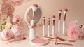 Elegant Makeup Brushes Collection with Mirror, Blush, and Peonies Royalty Free Stock Photo