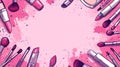 Pink Makeup Brushes and Lipstick Border on Splattered Background Royalty Free Stock Photo