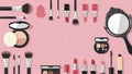 Makeup Brushes and Cosmetics on Pink Background Royalty Free Stock Photo