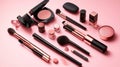 Cosmetic Makeup Products Flat Lay Brushes, Powder, Lipstick on Pink Background. Royalty Free Stock Photo