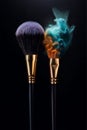 Makeup brushes with an explosion of orange-blue powder from one brush Royalty Free Stock Photo