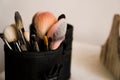 Makeup brushes in a makeup artist case on blurred background