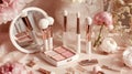 Luxury Makeup Brushes Palette with Flowers, Rose Gold Beauty Set Royalty Free Stock Photo