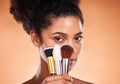 Makeup, brushes and portrait of a black woman in a studio doing a beautiful, natural and cosmetic routine. Cosmetics Royalty Free Stock Photo