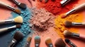 Makeup brushes and powder on colorful background top view. Generative AI. Royalty Free Stock Photo