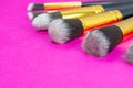 Makeup brushes powder  on pink with copy space. Beauty m Royalty Free Stock Photo