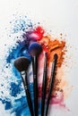 Makeup brushes and powder on white background. Generative AI Royalty Free Stock Photo