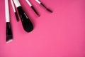 Makeup brushes set on bright pink background. Beauty concept.