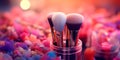 makeup brushes used for applying shadows, blush and highlighters. Generative AI Royalty Free Stock Photo