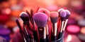 makeup brushes used for applying shadows, blush and highlighters. Generative AI Royalty Free Stock Photo