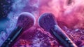 Makeup Brushes with Vibrant Powder Explosion in Motion Royalty Free Stock Photo