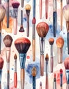 Makeup Brushes Watercolor Illustration Seamless Pattern Royalty Free Stock Photo