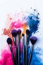 Makeup brushes on white background with colorful powder. Generative AI Royalty Free Stock Photo