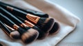 Luxury Makeup Brushes Set on Fabric - Professional Cosmetics Tools Royalty Free Stock Photo