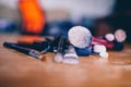 makeup brushes on a wooden table Royalty Free Stock Photo