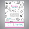 Makeup business broshure and banner. Cosmetics items. Advert for shop, beauty salon, flyer design, web template. Vector Royalty Free Stock Photo